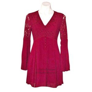 Altar'd State Mini Dress Cotton Lace Button Front Burgundy Size S MSRP $79.95